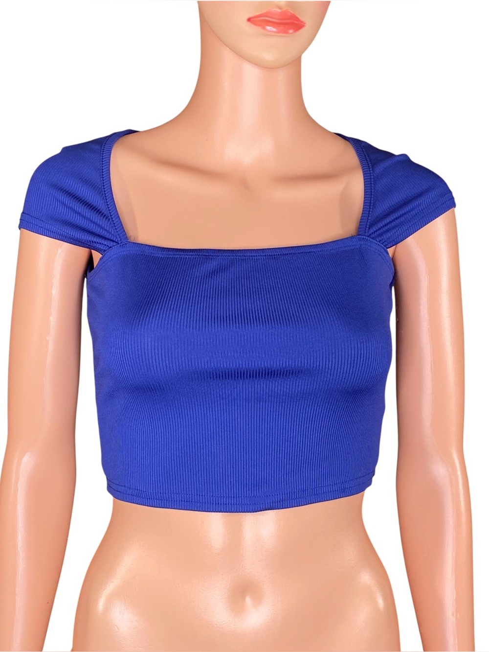 SHEIN Cobalt Crop Top Square Neck Ribbed Short Cap Sleeve SZ XS Casual Summer